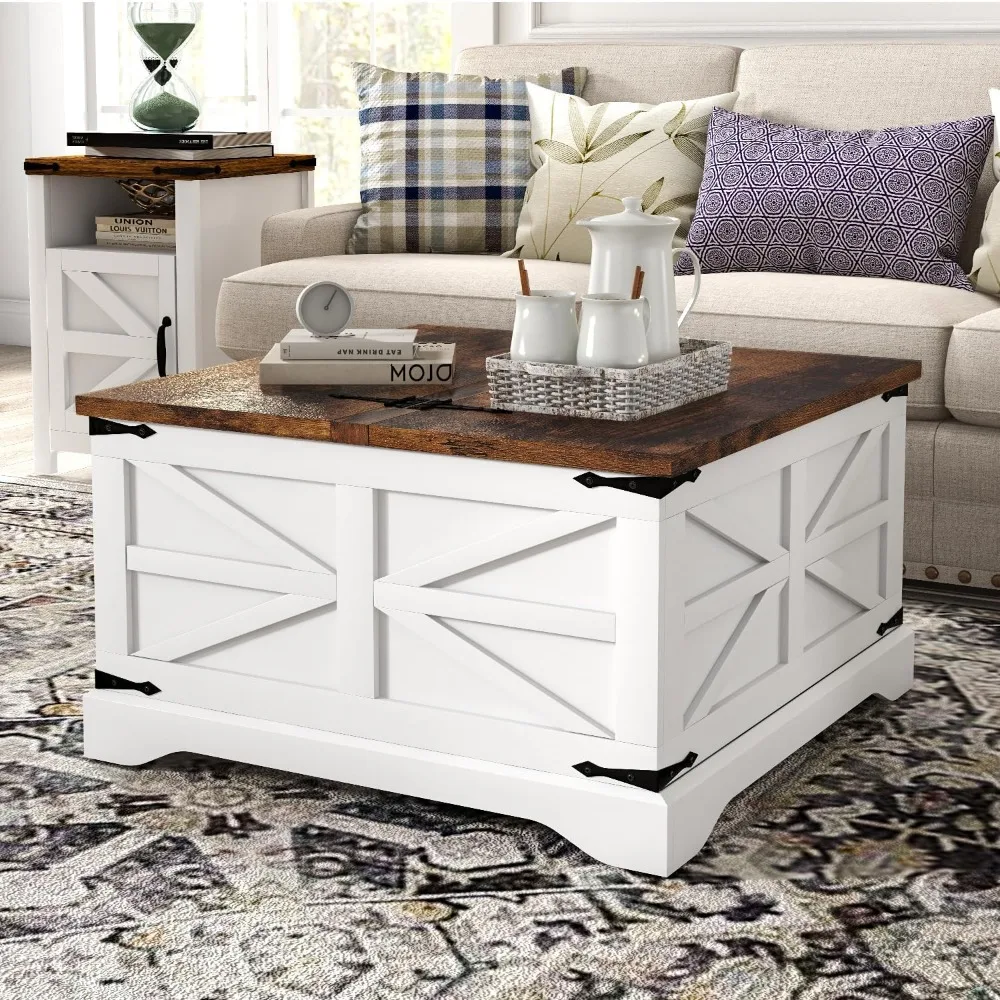 

Modern Farmhouse Coffee Table Square Wood Center Table with Storage Space Metal Corners Z Shape Table