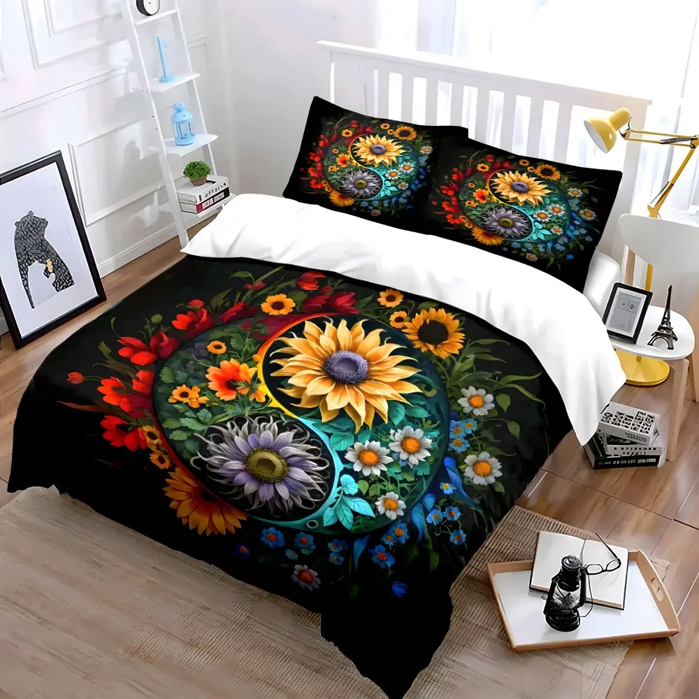 Floral Yin Yang Art Set Soft Comfortable Duvet Cover Bedding Set Included 1*Duvet Cover & 2*Pillowcases, gift