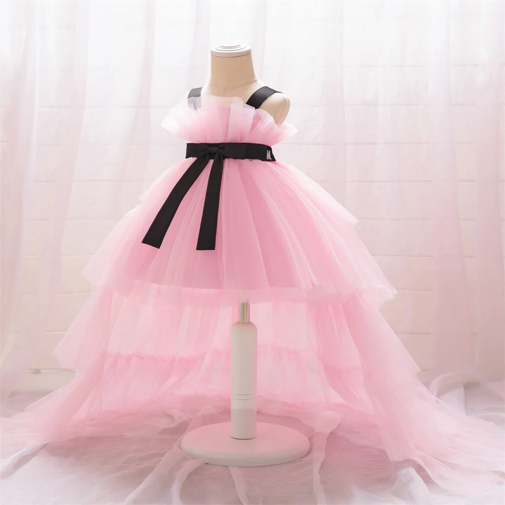 Baby Girls Trailing Princess Dresses Toddler Girl 1st Birthday Dress Kids Summer Flash Tulle Tutu Gown Children Evening Costumes