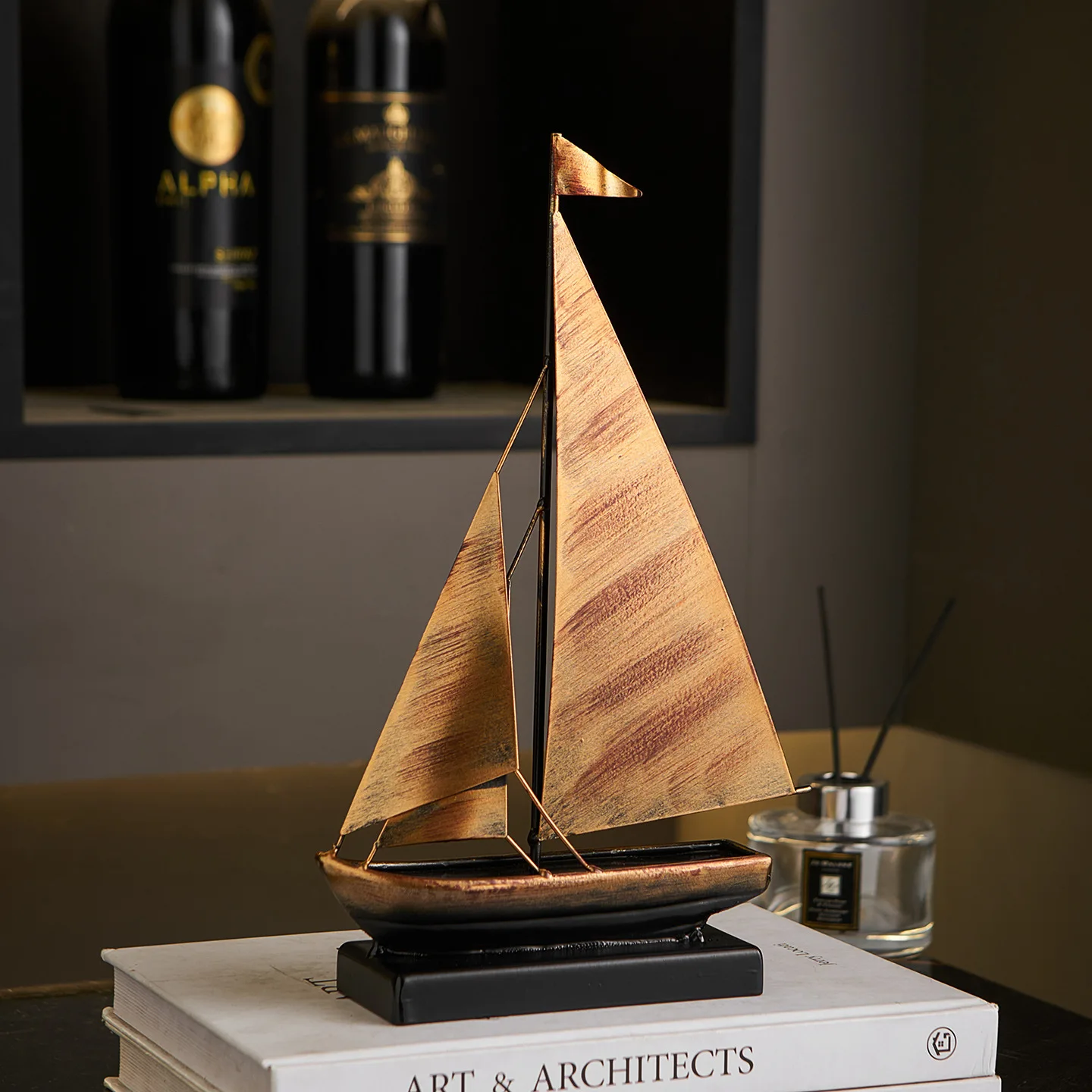 

HYS light luxury retro smooth sailing sailing model ornament living room TV cabinet wine cabinet office table wrought iron
