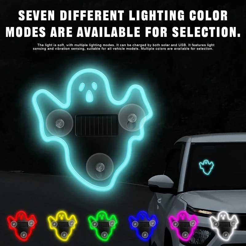 Halloween Ghost Solar LED Car Atmosphere Light Suction Cup Window Neon Decor Lamp 7‑Color RGB Light Sensing Vibration Sensor