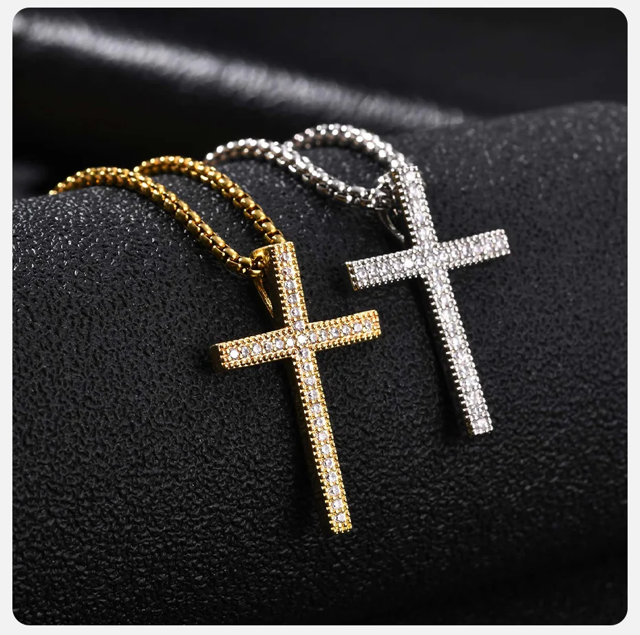 Vnox Gold Silberfarbene Kreuz-Anhänger-Halskette für Männer, Kupfer-Anhänger-Halskette, Christlicher Religiöser Hip-Hop-Modeschmuck Geschenk – Detail 6