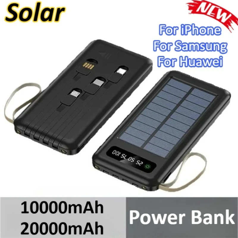 

Solar Power Bank 10000mAh 20000mAh For iPhone For Samsung For Huawei Mobile Power Fast Charging Battery Dual USB 4 Cables