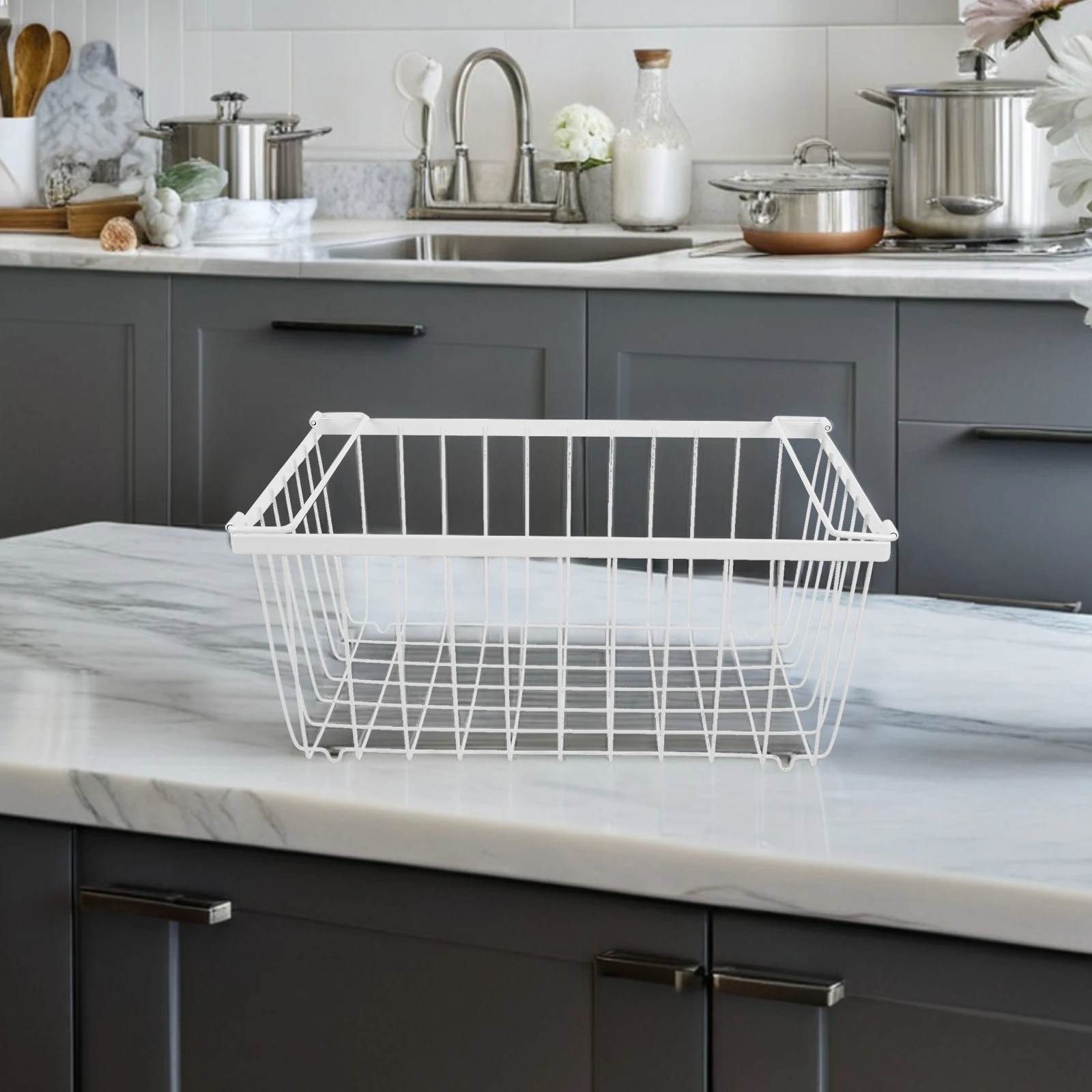 

Stackable Freezer Organizer Bin Large Metal Wire Mesh Basket for Kitchen Storage Chest Refrigerator Organization Solution