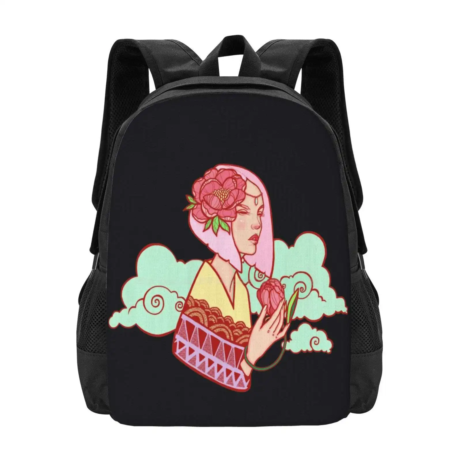 Peony Pattern Design Bagpack School Bags Portrait Fantasy Pastel Peony Girl Japanese Kimono Laura Tanuwidjaya Pink