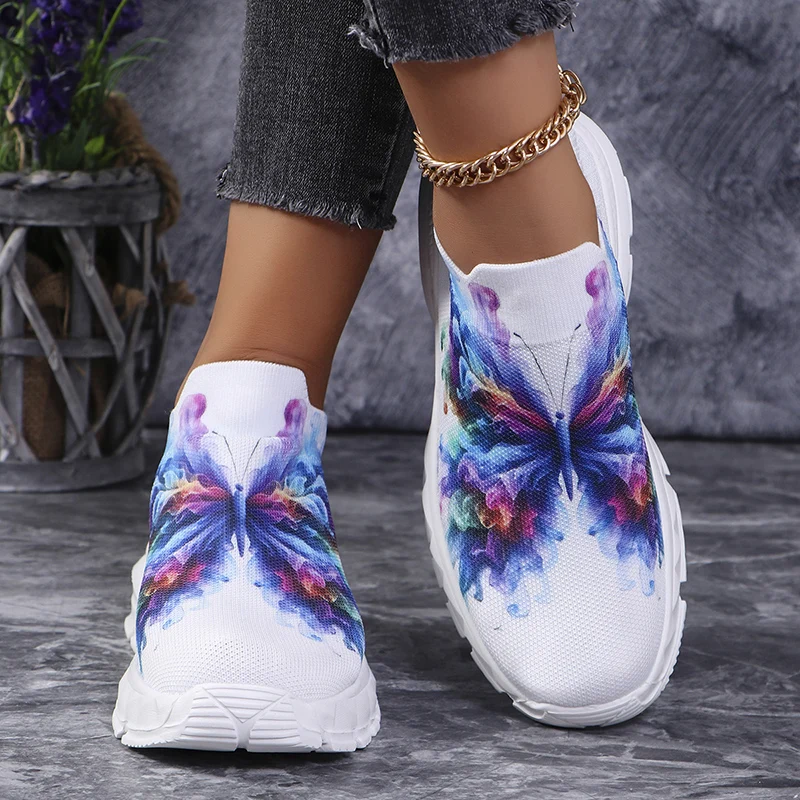 Butterfly Print Knitted Sneakers Women Plus Size Breathable Air Mesh Casual Sneaker Woman Lightweight Slip On Walking Flats 43