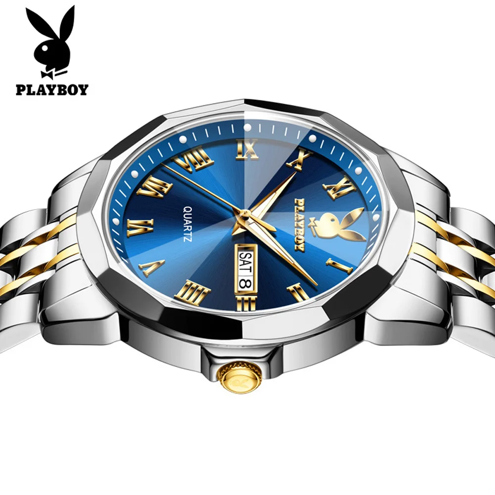 PLAYBOY Casual Fashion Business Men Watch High Quality Stainless Steel Waterproof Dual Calendar Luminous Quartz Watches for Men