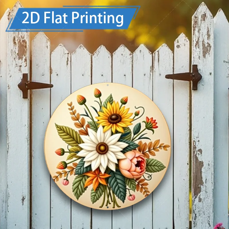 1pc 8x8inch Metal Sign Rustic Floral 2D Flat Printing Metal Wall Art for Farmhouse Decor