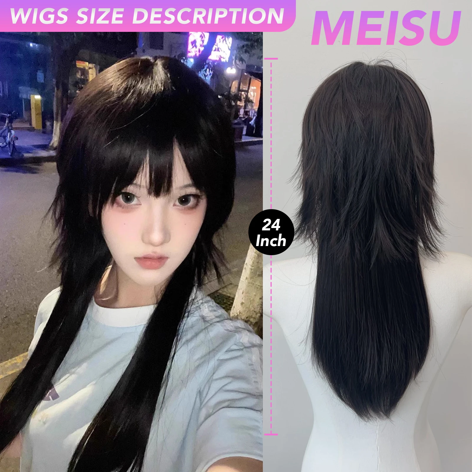MEISU 24 インチ合成ストレートウィッグエアバングヘアブラック耐熱ナチュラルでスムーズな日常着用女性用