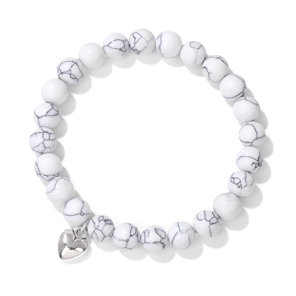 Silver Color Heart Charm Bracelet 8MM Blue Amazonite Howlite Turquois Stone Bead Stretch Wristband Friendship Jewelry Gift