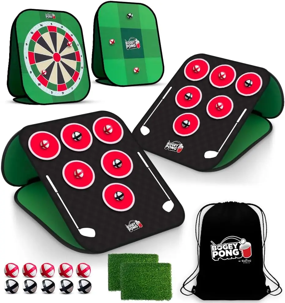

3-in-1 Backyard Pong Golf Game Set with Darts and Tic Tac Toe - Lawn Golf Chipping Game for Adults, Kids, and Family