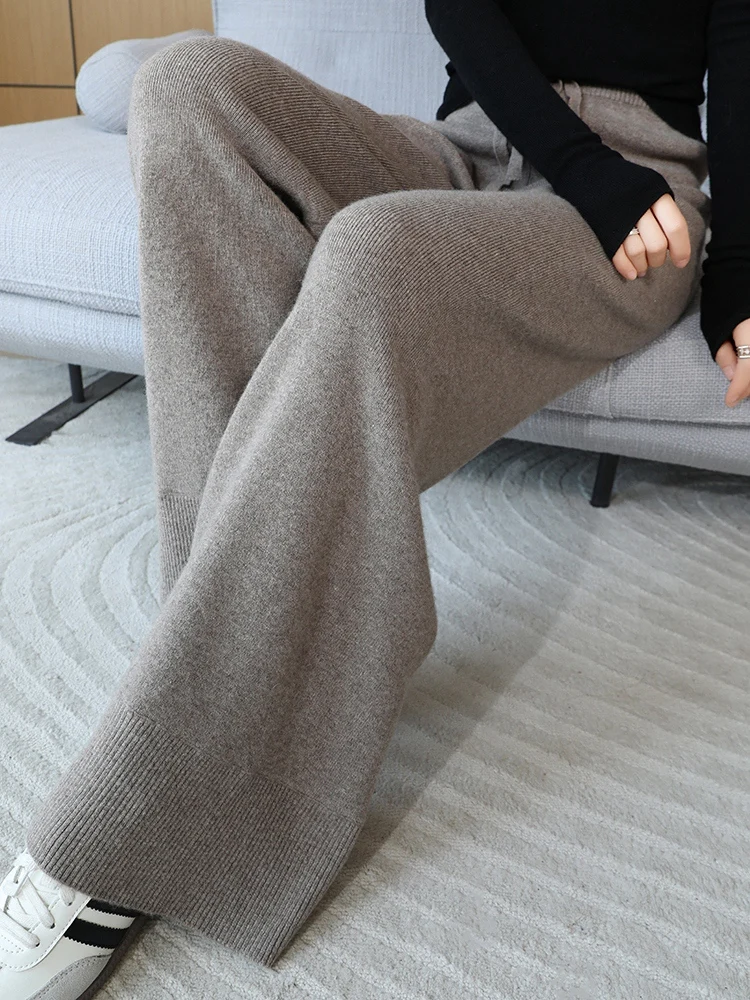 New Fashion Autumn Winter Woman Pants Casual 100% Merino Wool Knitwear Lady Flat Clothing Bottoms Full Length Thick Trousers