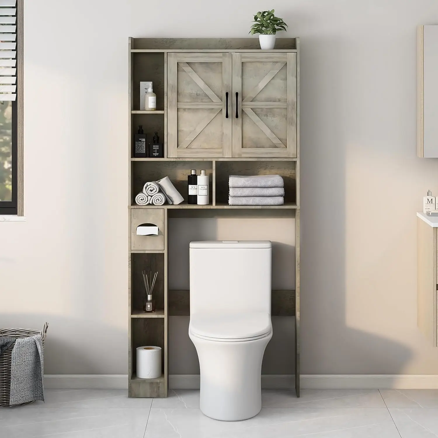 Over The Toilet Storage Cabinet, Farmhouse Storage Cabinet Over Toilet with 2 Barn Door & Toilet Paper Holder Stand