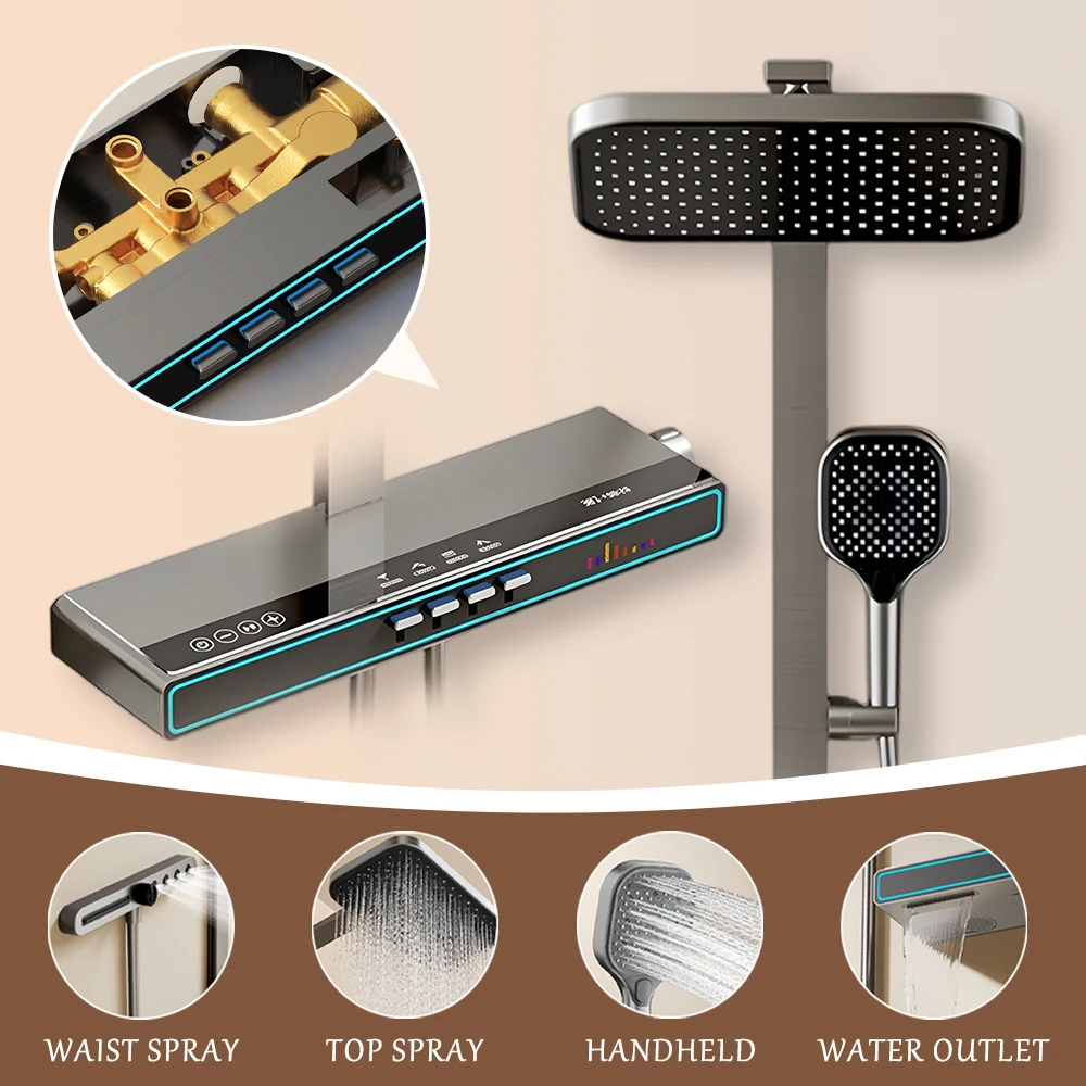 

Home Smart Thermostatic Shower Set With Ambient Lighting Piano Key High Water Output Multifunctional Bathroom Shower System