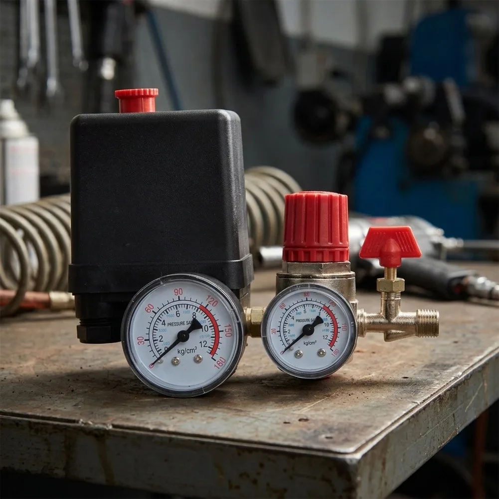 Air Compressor Pressure Switch Regulator Assembly 90-120 PSI Cut In Cut Out with Red Knob Valve and Two Gauges