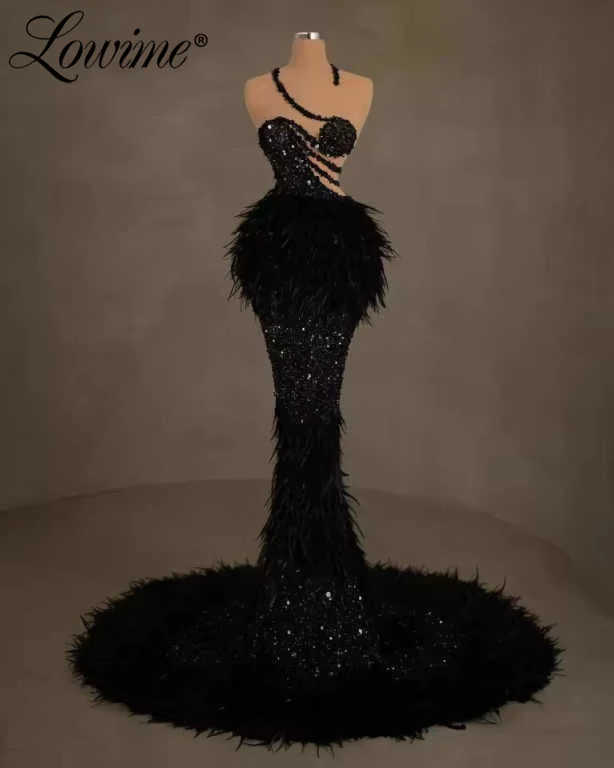 

Sexy Long Black Feathers Party Dress Customized Robe De Soiree Mermaid Prom Dresses Beaded Sequined Celebrity Evening Gowns 2026