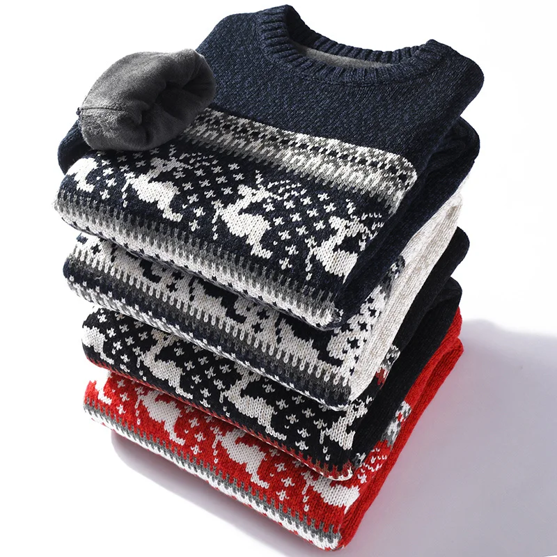 Winter Sweater Male Clothing Thick Fleece Wool Men's Jumpers Pullover Coats Jacquard deer christmas Knitted Men