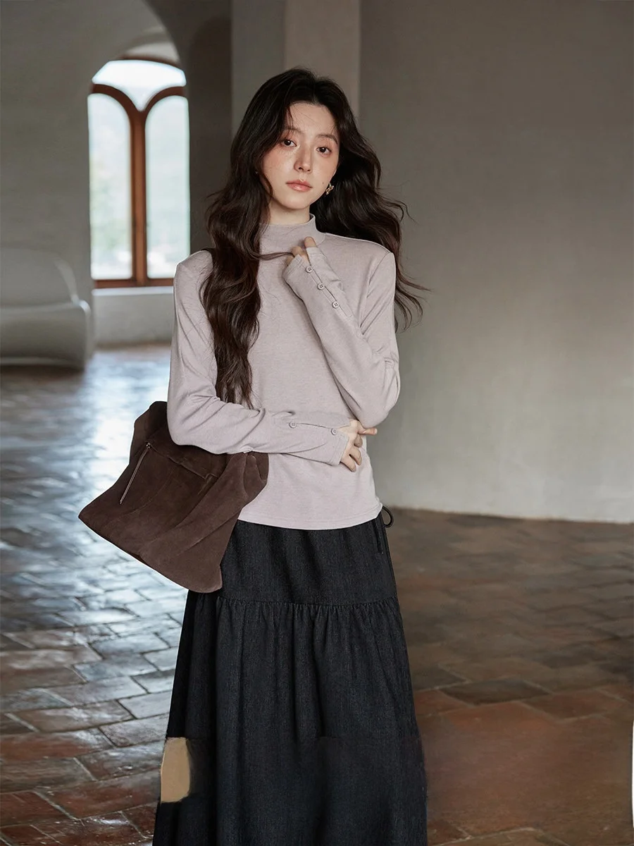 

Ximen 2025 Winter Korean Sle f High Collar Long Sve Base irt Top Outerwear Advanced Feeling Can Be Worn outside Lon...