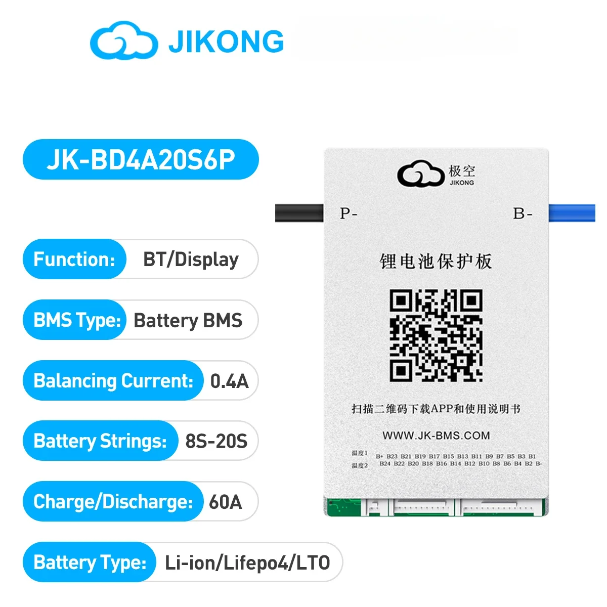 JIKONG JK-BD4A20S6P Smart BMS  8S 16S 24S  60A Li-Ion LiFePo4 LTO BMS 18650 Batteries BMS Smart Battery Management System UPS