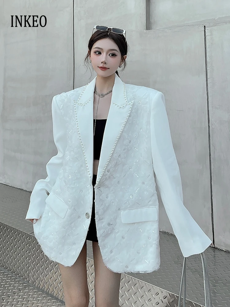Luxury White Floral sequined blazer for women 2026 Spring Autumn Single breasted Beading jacket Loose Stylish coat INKEO 6O009