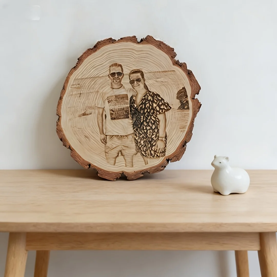 Personalized Engraved Wood Slice Photo Coaster, Custom Picture on Natural Log, Rustic Drinkware, Romantic Couple Gift