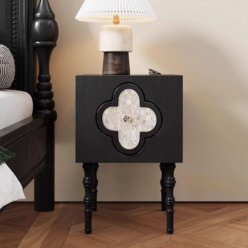 French bedside table bedroom retro solid wood sofa bedside table black side table four-leaf clover shell living room storage