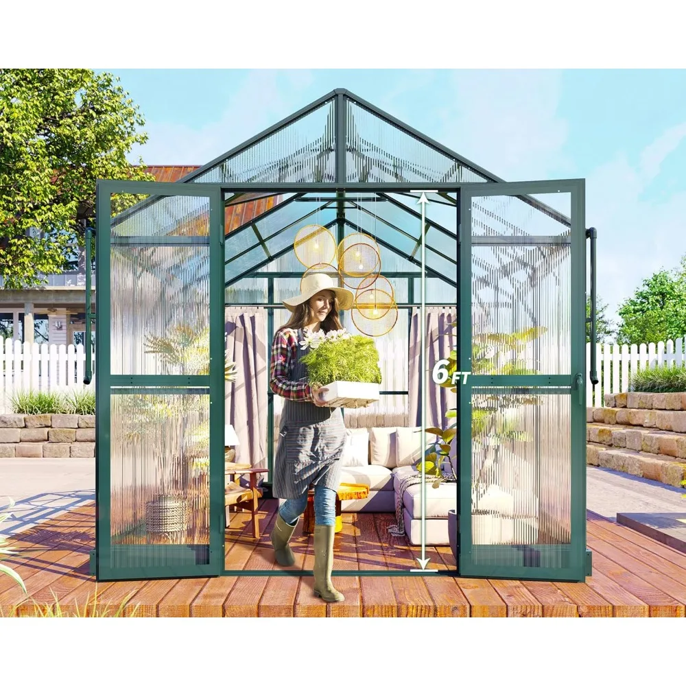 Greenhouse - Outdoor Aluminum Polycarbonate Greenhouse with Ventilation and Rain Gutter, Double Doors with Hook, 8x8x7.5 FT