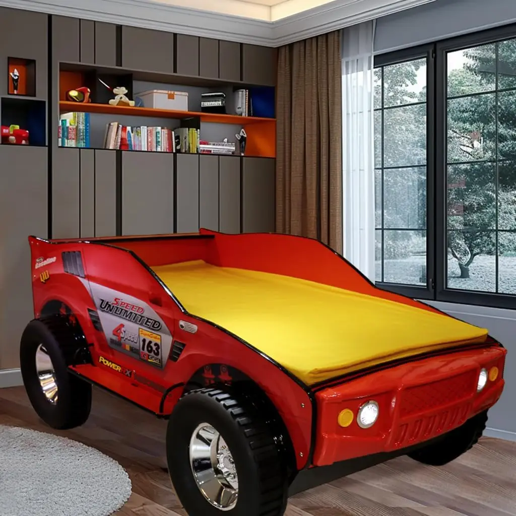 Unlimited Speed Twin Jeep Bed,Kids Off-Road Racecar Bed With Led Headlights And 4 Wheels,Red