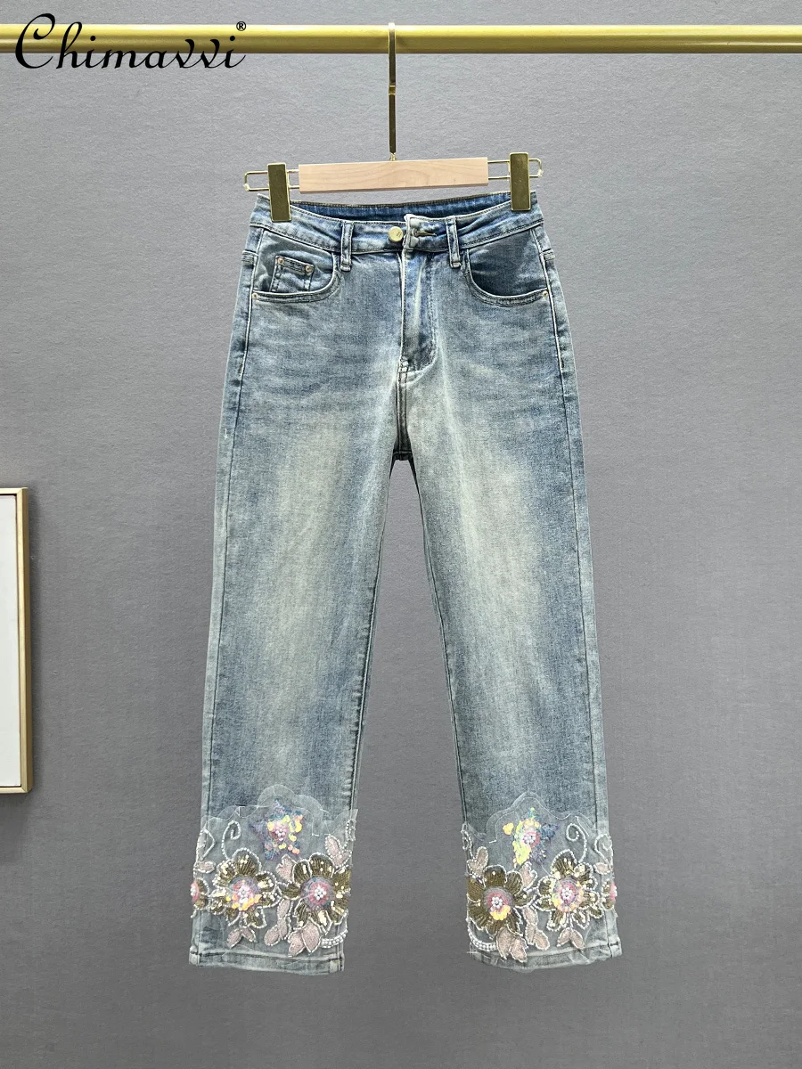 

Straight Jeans for Women Cropped Pants 2024 Spring and Summer New Fashion High Waist Slimming Sequined Flowers Cigarette Pants