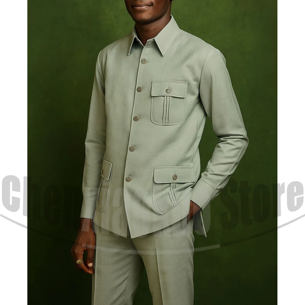 

Мужской костюм с несколькими карманами, однобортный повседневный деловой костюм для улицы, деловой вечеринки, свадьбы, мужской костюм из 2 предметов