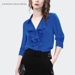 Fashion Women Summer Blue Ruffled Shirt Half Sleeve Polo Collar Satin Top Loose-fitting Plus Size Office Ladies Tops And Blouse