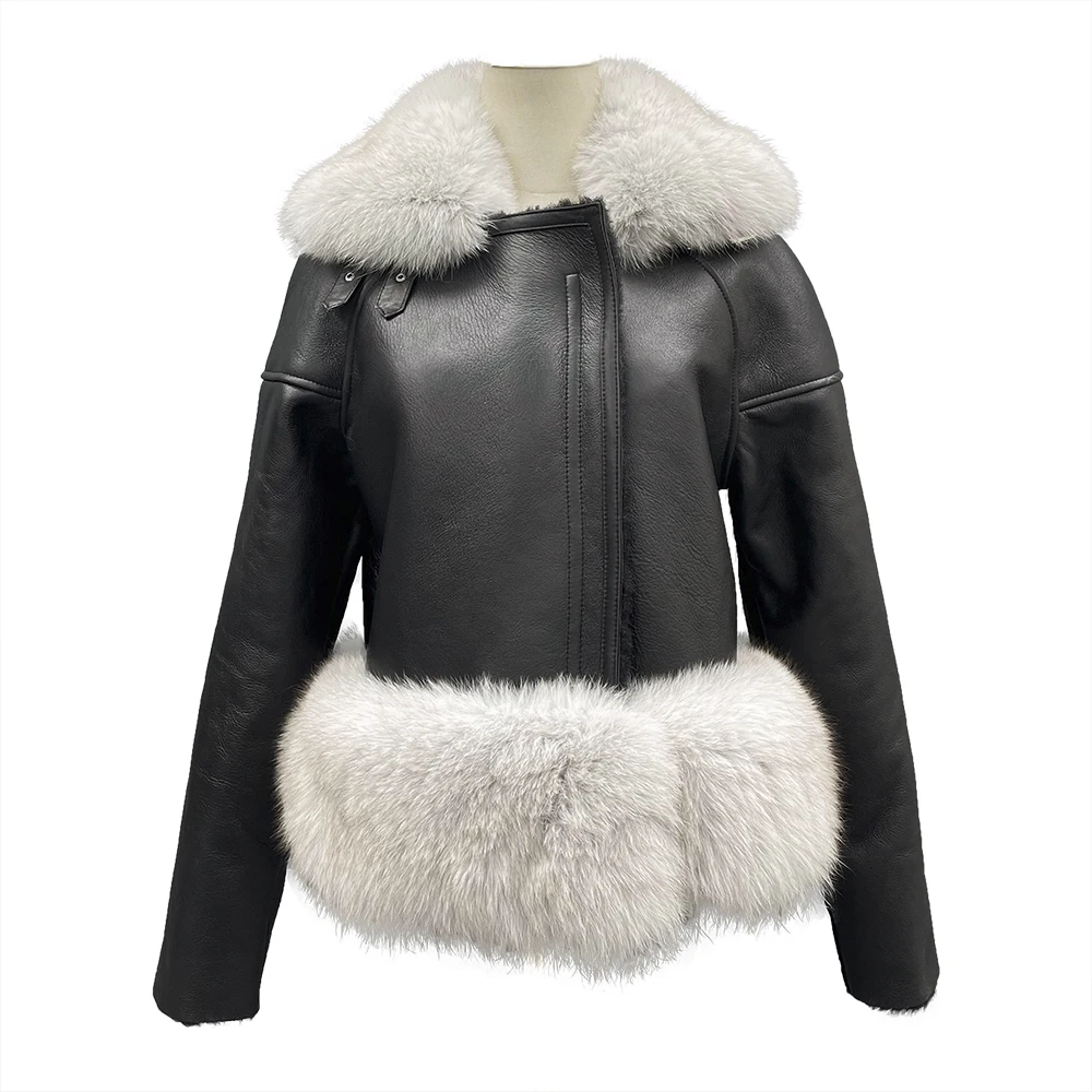 JANEFUR Casaco de Inverno para As Mulheres 2023 Jaqueta De Couro Real Dupla Face Grossa Quente Real Shearling Coat com Fox Fur Collar