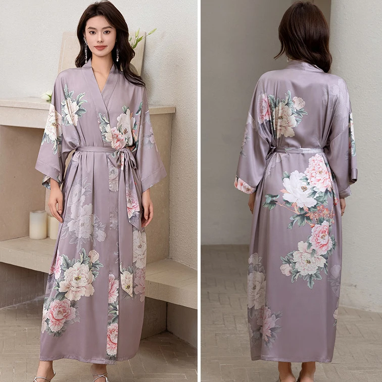 Women Rayon Bathrobe Long Large Size Nightgown Kimono Gown Print Flower Home Clothes New Spring Nightwear Intimate Lingerie