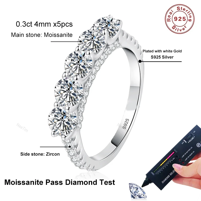 NeeTim 4 مللي متر مويسانيتي خاتم 925 فضة الصلبة مع الذهب الأبيض مطلي الخلود الفرقة خواتم الخطبة الزفاف للنساء