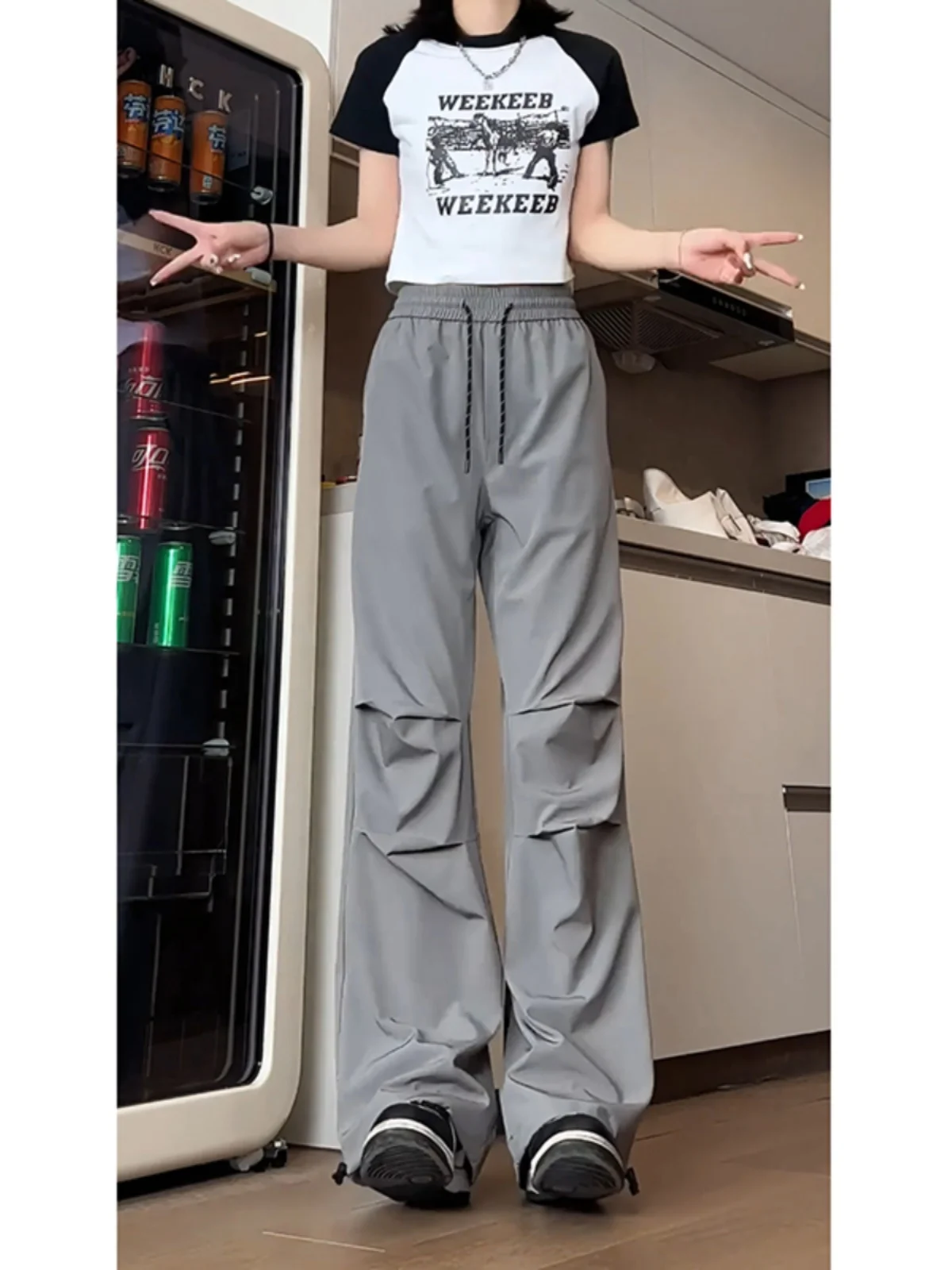 

ay Folded Design Men's Summer Thin Functional Sle Paratrooper Pants Qui Dry Drapey Ice Silk Straight Leg Casual Trousers