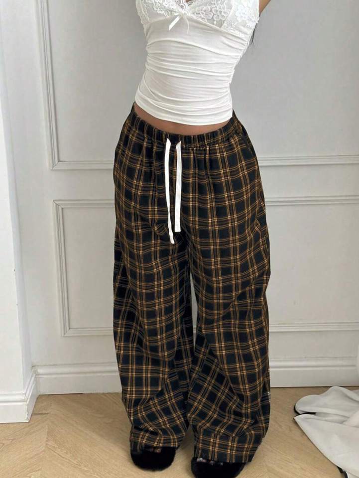 Plaid Pants for Women, High Waist Drawstring Wide Leg Trousers, Casual Streetwear Lounge Pants