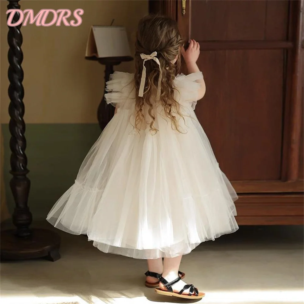 Charming Sleeveless Pretty Dress Sparkly Brithday Girl Dress Featured Tulle White Communion Clothing for Kid Puffy Skirt