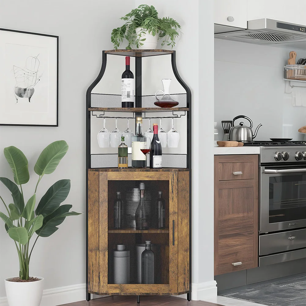 Eck-Weinbar-Schrank mit abnehmbarem Weinregal und Glashalter, kleines Sideboard, Buffetschrank mit Tür für die Küche zu Hause, in der Bar – Detail 9