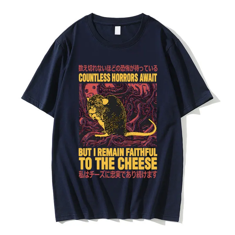 Countless Horrors Await But I Remain Faithful To The Cheese T-shirt Funny Japanese Rat Print T Shirt Men Casual Oversized Tshirt