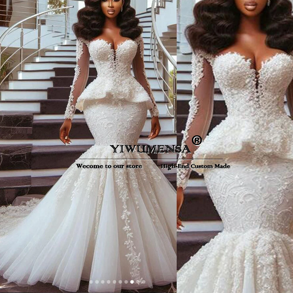 Aso Ebi African Mermaid Wedding Dresses Appliqued Beaded Tiered Skirt Bridal Gowns Customized Long Sleeves свадебное платье 2025