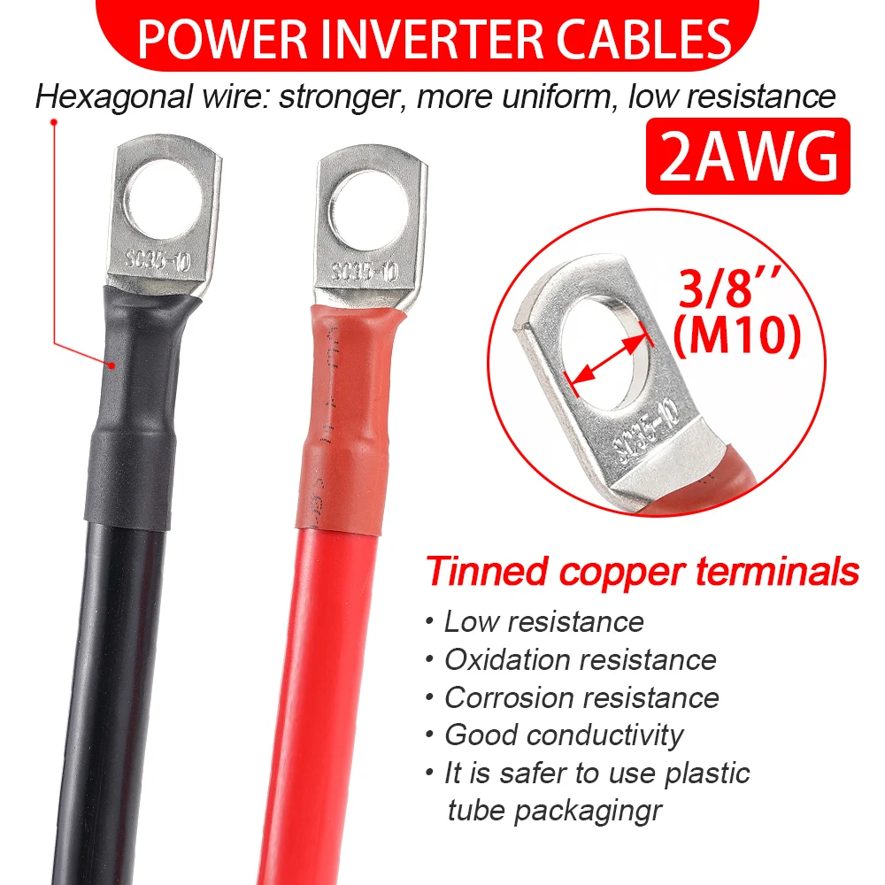 2 pcs Battery Inverter Cable Set 2AWG 30CM With Terminals Stranded Copper Cord Solar Power Connection Wire With Lugs