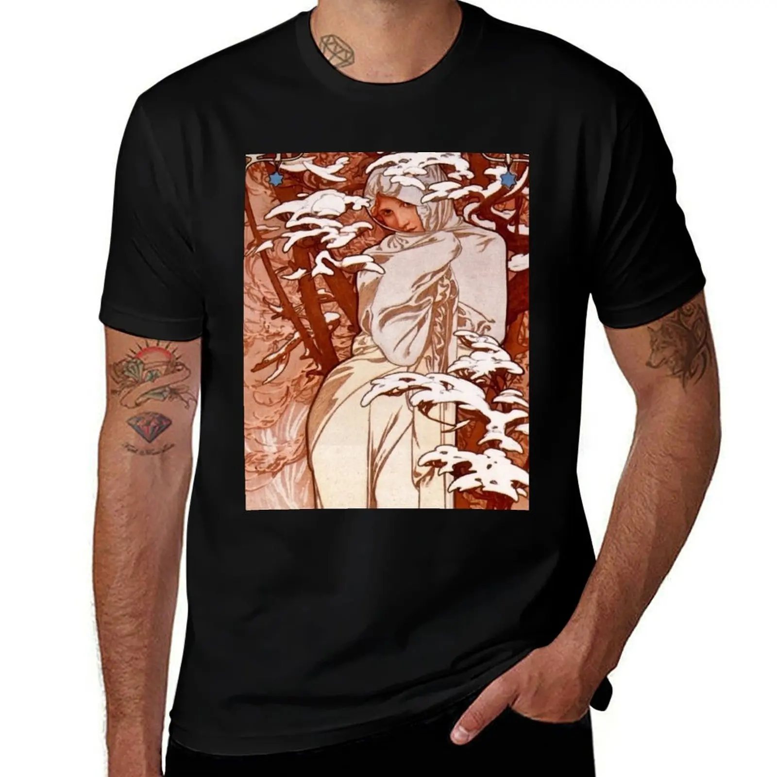 Vintage Alphonse Mucha -Winter 1897 Art Nouveau T-Shirt Regular Fit Plain Tee Shirt T-Shirt