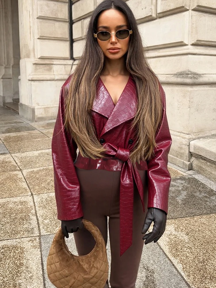 

Whatiwear Autumn Trend Lapel Jacket Woman Faux Leather Full Sleeve Button Bandage Kink Design Hottie High Street Fashion Coats