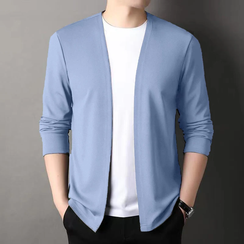 

Весенне-осенний однотонный кардиган для мужчин, модная верхняя одежда для молодежи и людей среднего возраста, повседневная свободная тонкая куртка с шалью для мужчин