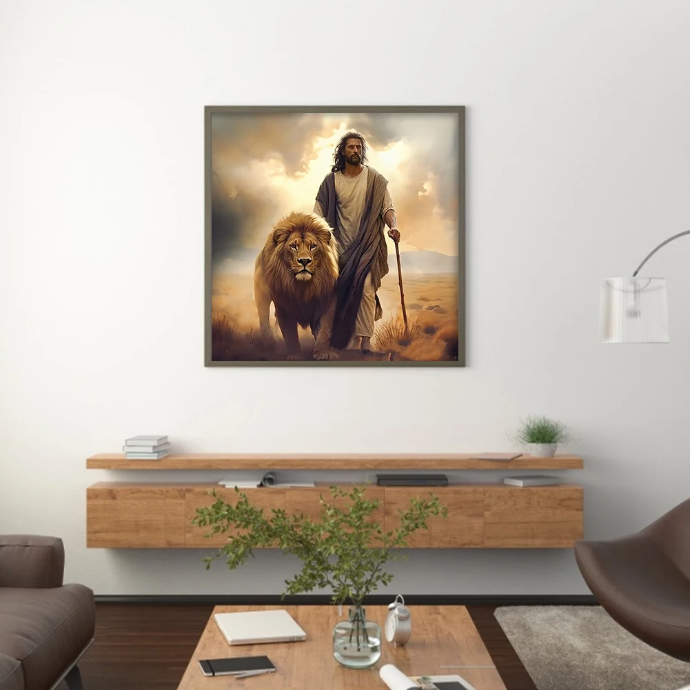 5D DIY Full Round Drill Diamond Painting Jesus&Lion Home Decor Art Craft 30x30cm