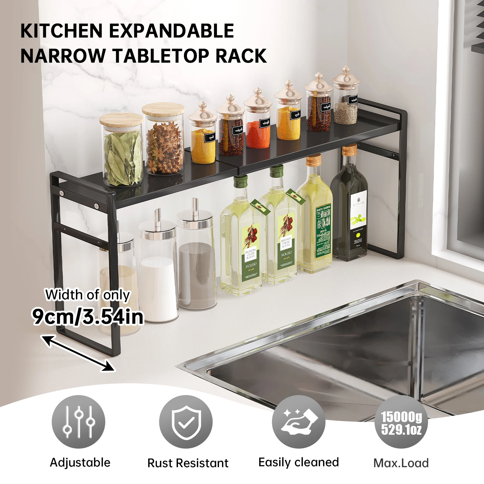 Extremely Narrow Kitchen Spice Rack, Seasoning Storage Organizer, Double-Layer Oil, Salt, Sauce, Vinegar Storage for Windowsill, Window Edge, Countertop