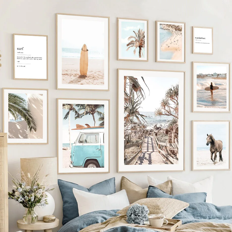 Coastal Beach Wall Art Mural Boho Surf Canvas Prints Neutral Palm Tree Beach Posters Surfboard Pictures Living Room Home Decor