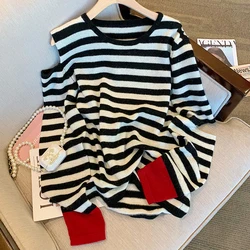 2022 Women Off-shoulder Striped T-shirts Long Sleeve Sweater Slender Tops Panelled Slim Elegant Party Streetwear Autumn Pullover