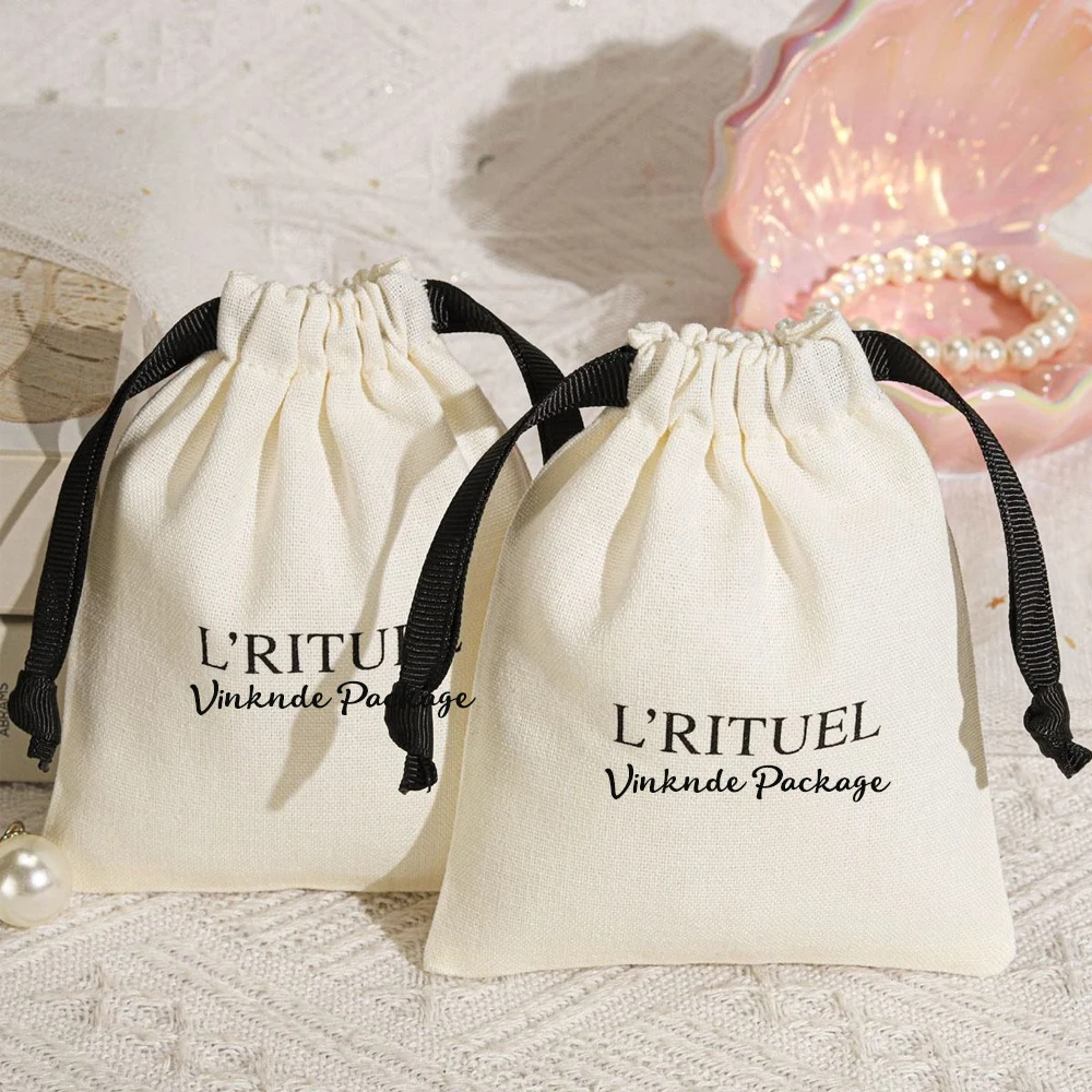 

Custom Logo Printed Natural Cotton Linen Drawstring Bags 10x15cm Candle Perfume Gift Packing Bag Luxury Muslin Jewelry Dust Sack