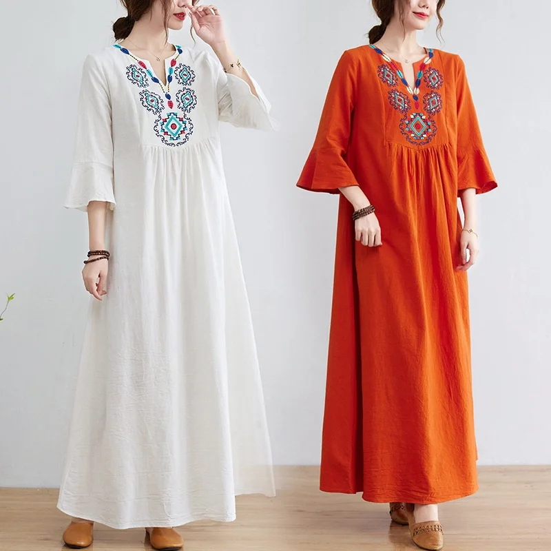

Plus Size Baju Kelawar Murah Kaftan Viral Cotton Flower Short Sleeve Loose Maxi Dress Negligee Muslim Dresses